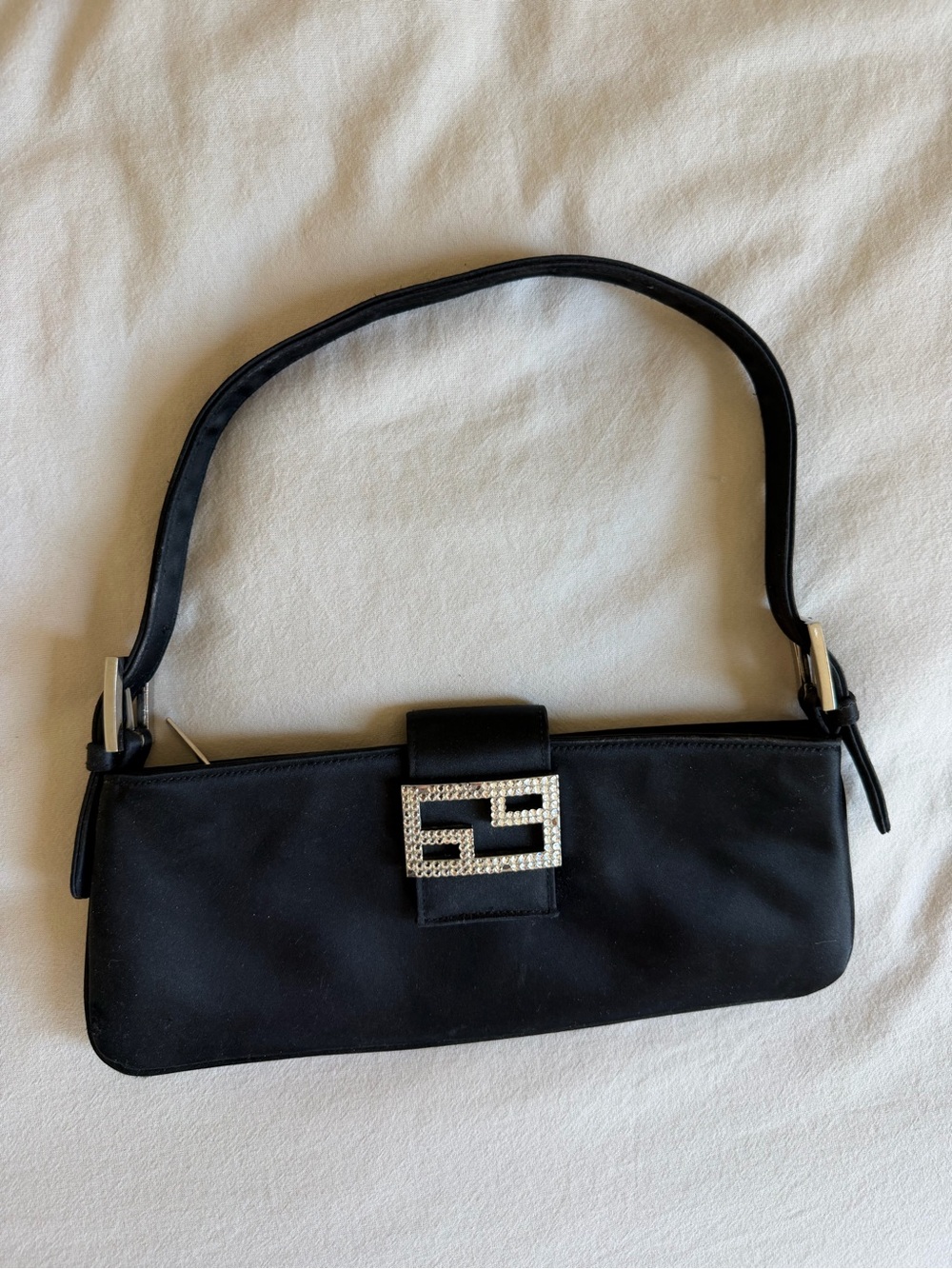 Black Shoulder Bag with Decorative Crystal Buckle